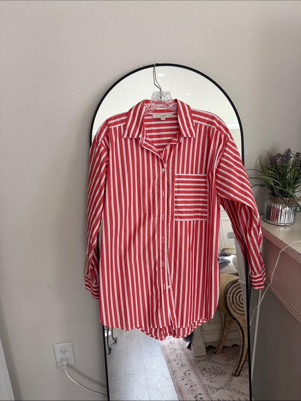 LOFT Red and White Striped Button-Down Shirt